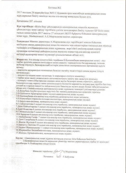 № 55 С.Қожанов орта мектебі   бойынша 2017-2018 оқу жылындағы     қамқоршылық кеңесінің құрамы